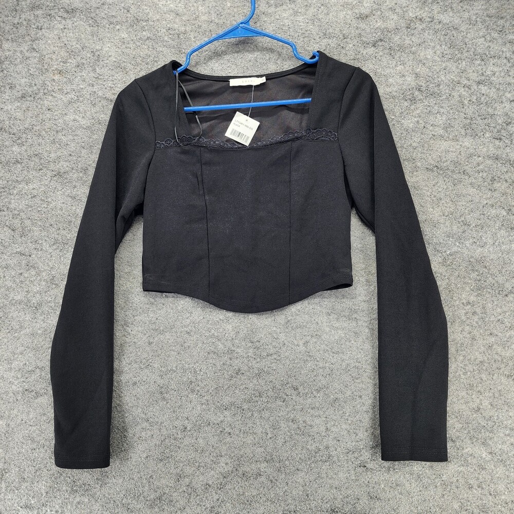 Lush Shirt Womens Large Crop Long Sleeve Black Square Neck